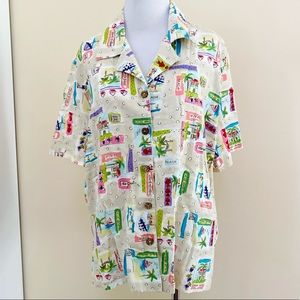 Vintage Peter Popovitch Large Shirt Beach Print Button Up Short Sleeve Ivory Tan